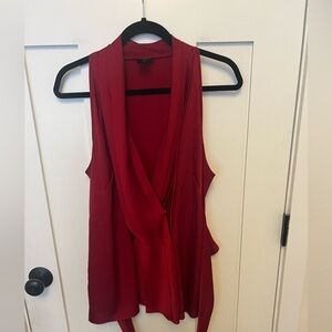 Ann Taylor Red Satin V-Neck Faux Wrap Sleeveless Blouse Size 14 Holiday